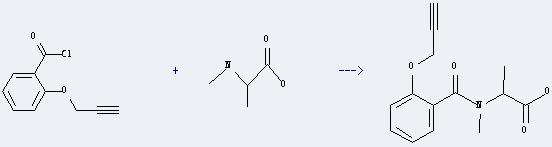 DL-Alanine, N-methyl- can react with 2-prop-2-ynyloxy-benzoyl chloride to get N-methyl-N-[2-(prop-2-ynyloxy)benzoyl]alanine